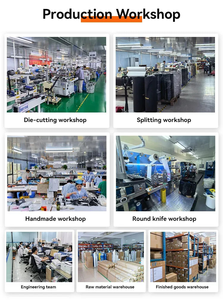 Production workshop photo collage showing multiple manufacturing areas
