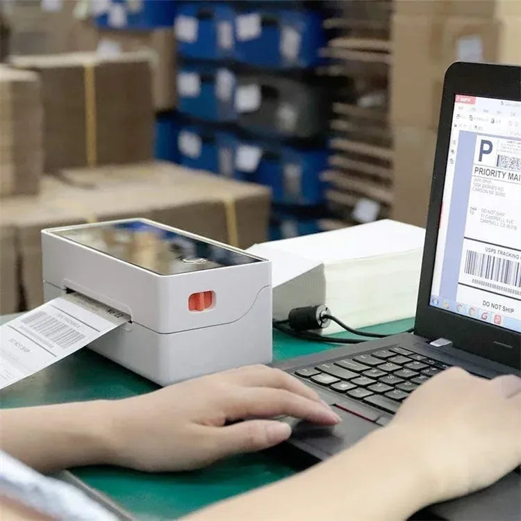 Thermal shipping label paper adhesive on packages during warehouse printing
