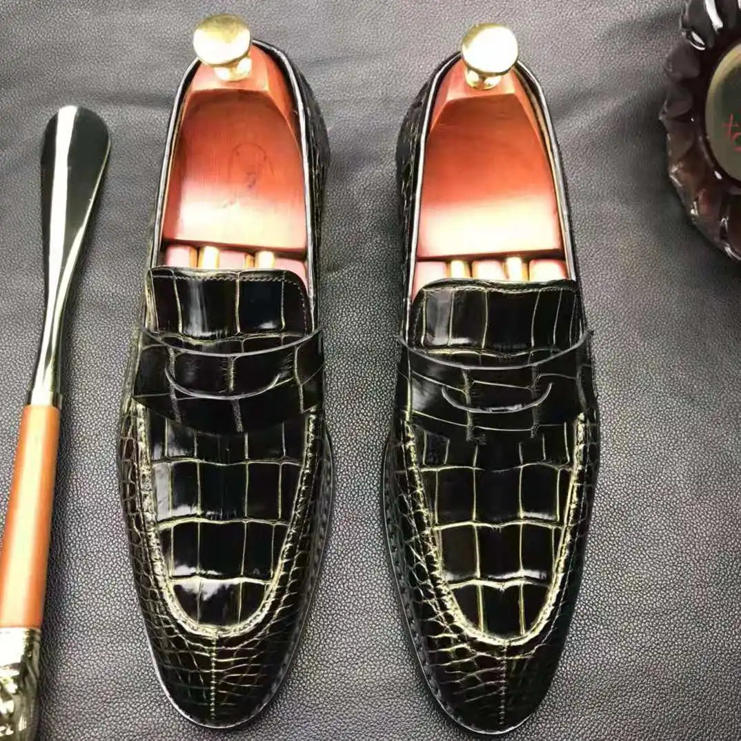 Trendy Genuine Crocodile Leather Shoes Black Gold Loafers Men Wedding Party Footwear Casual Shoes Slip-on Men's Dress Shoes