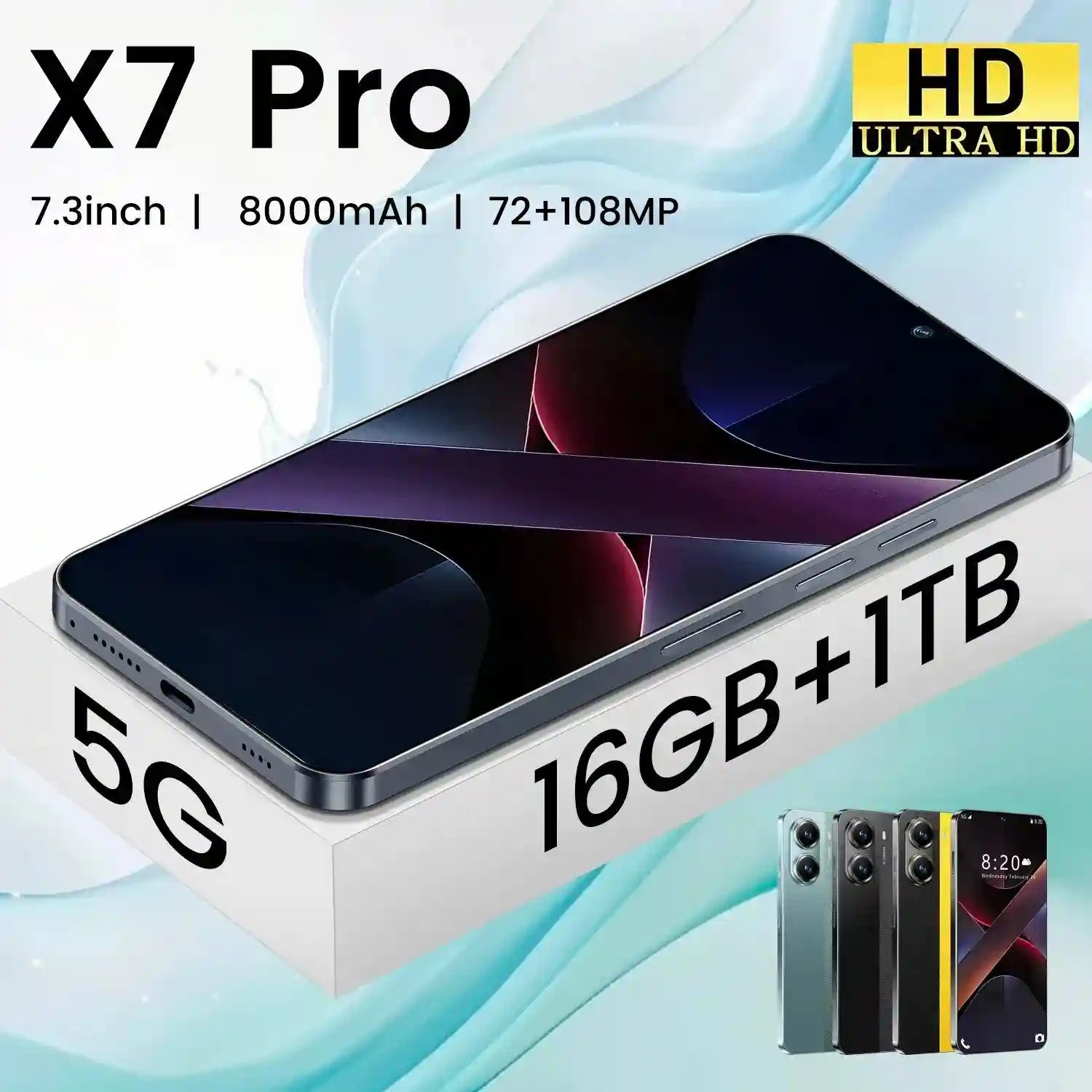 Real High Quality Mobile Phone X7 Pro 5G Smartphone Global 5G Android 14 7.3 Inch Big Screen 16+1TB X7 Pro Smart Phone Cellphone Tidesmit