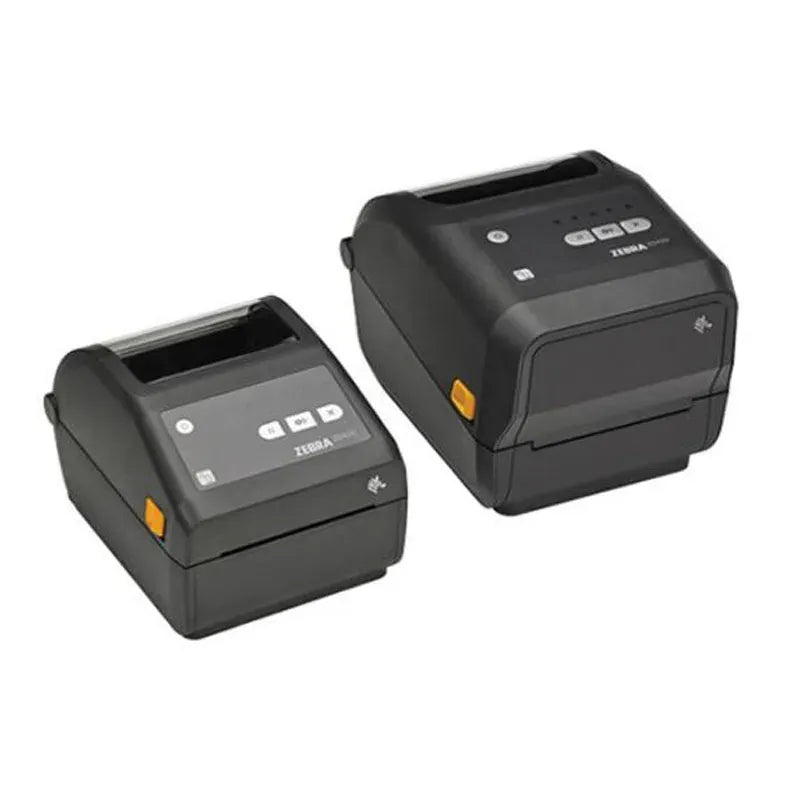 Thermal label printer pair in black, compact design with front control panel