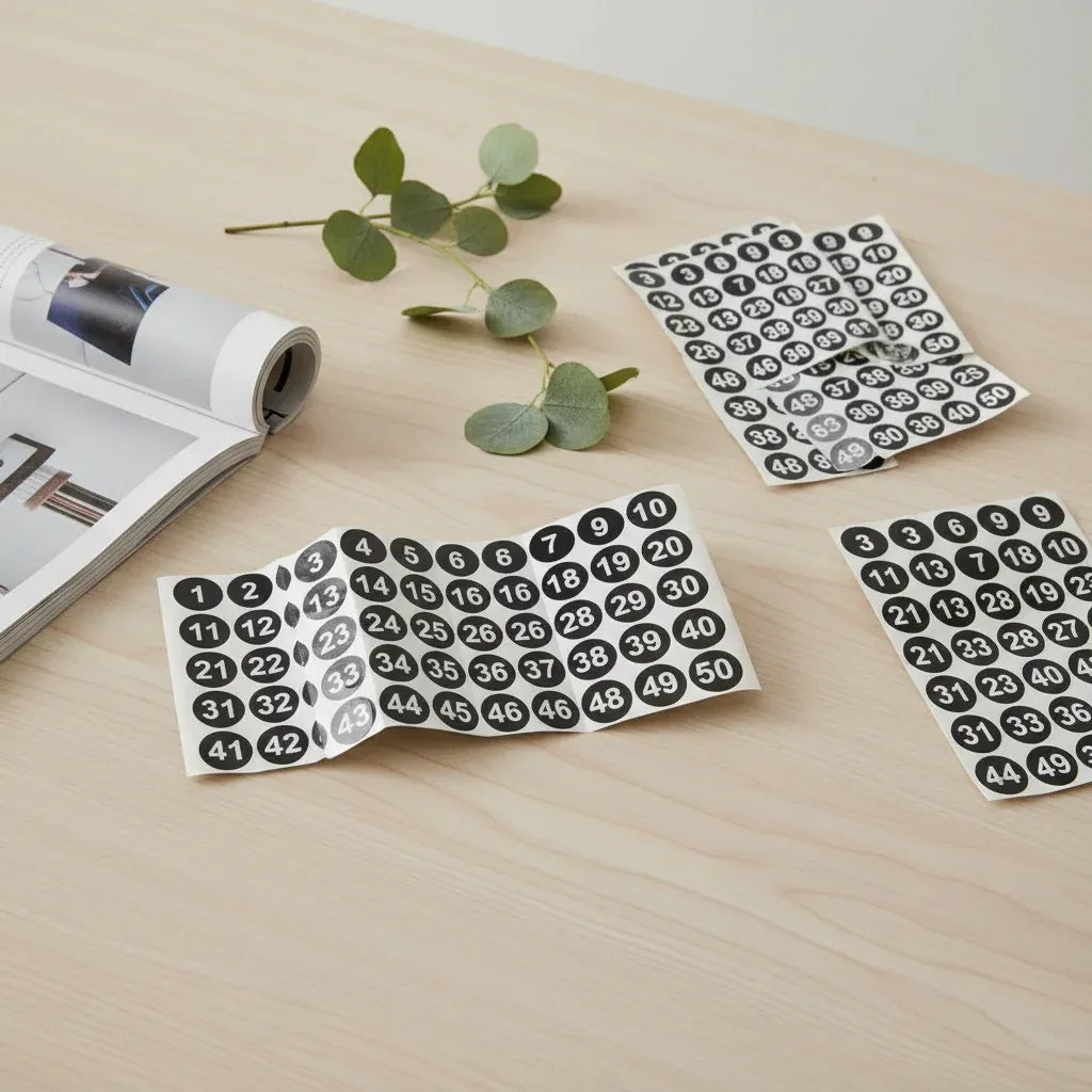 Self-adhesive sticker sheet featuring round 1–50 numbers in black circles with white text