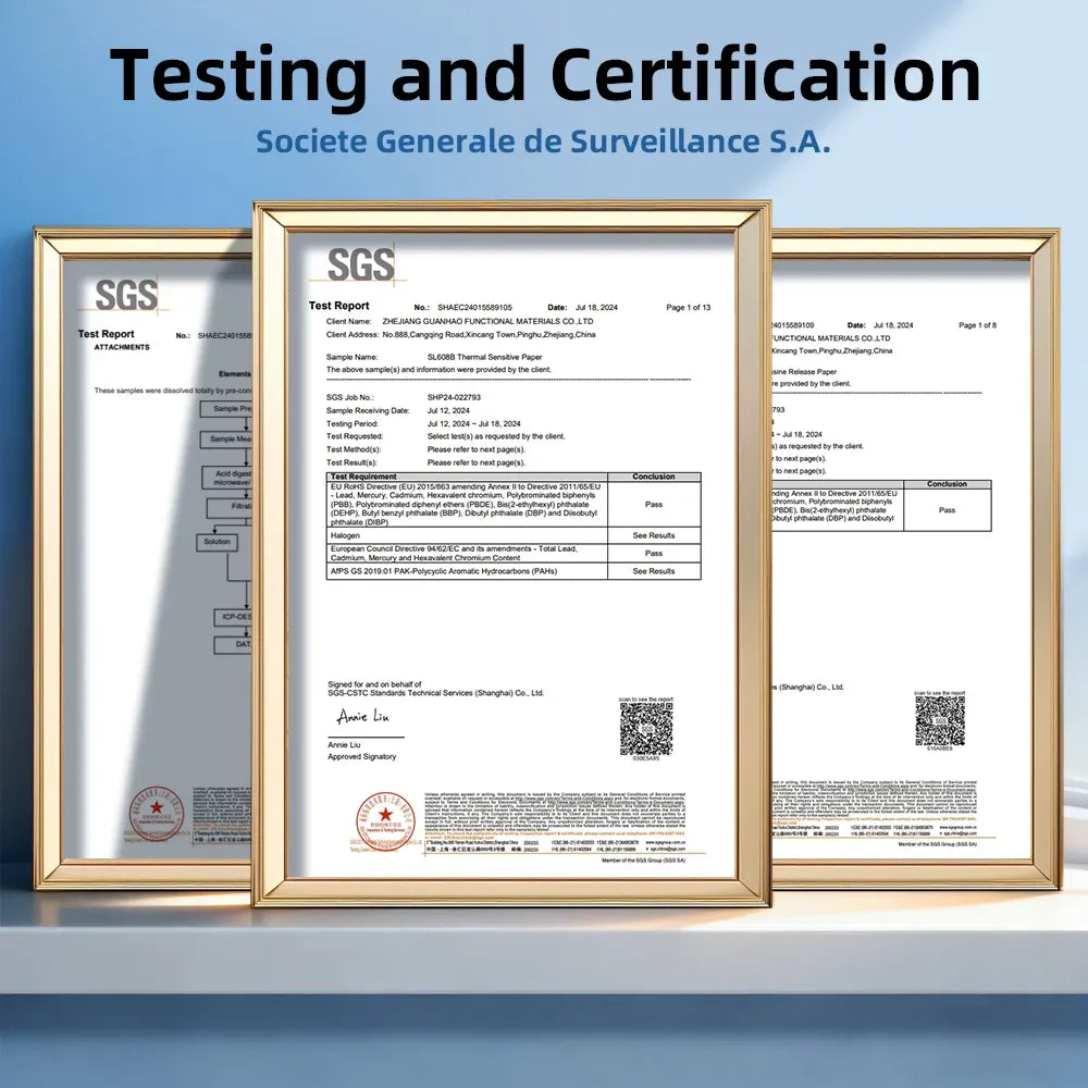 Framed SGS test report certificates for adhesive waterproof label material