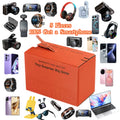 Orange cardboard box surrounded by various electronics including smartphones, cameras, smartwatches, and headphones.