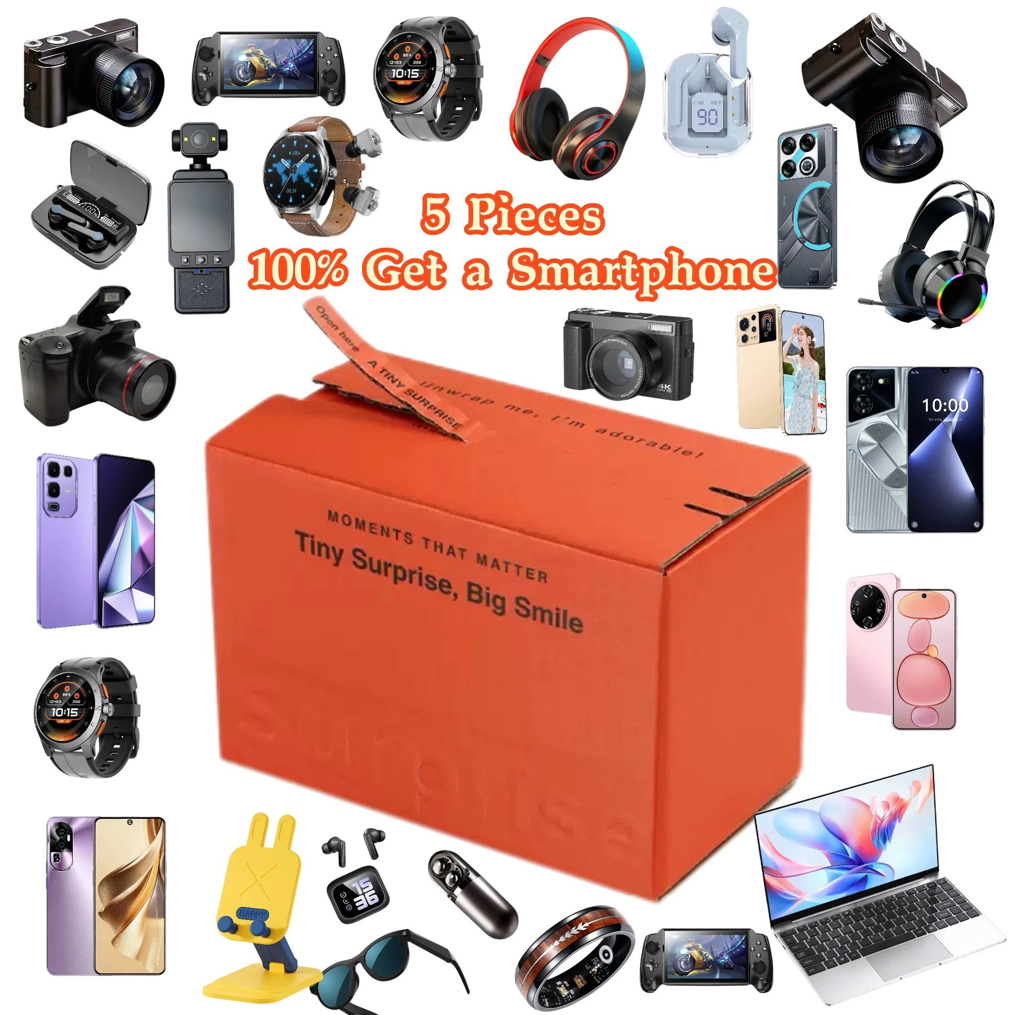 Orange cardboard box surrounded by various electronics including smartphones, cameras, smartwatches, and headphones.