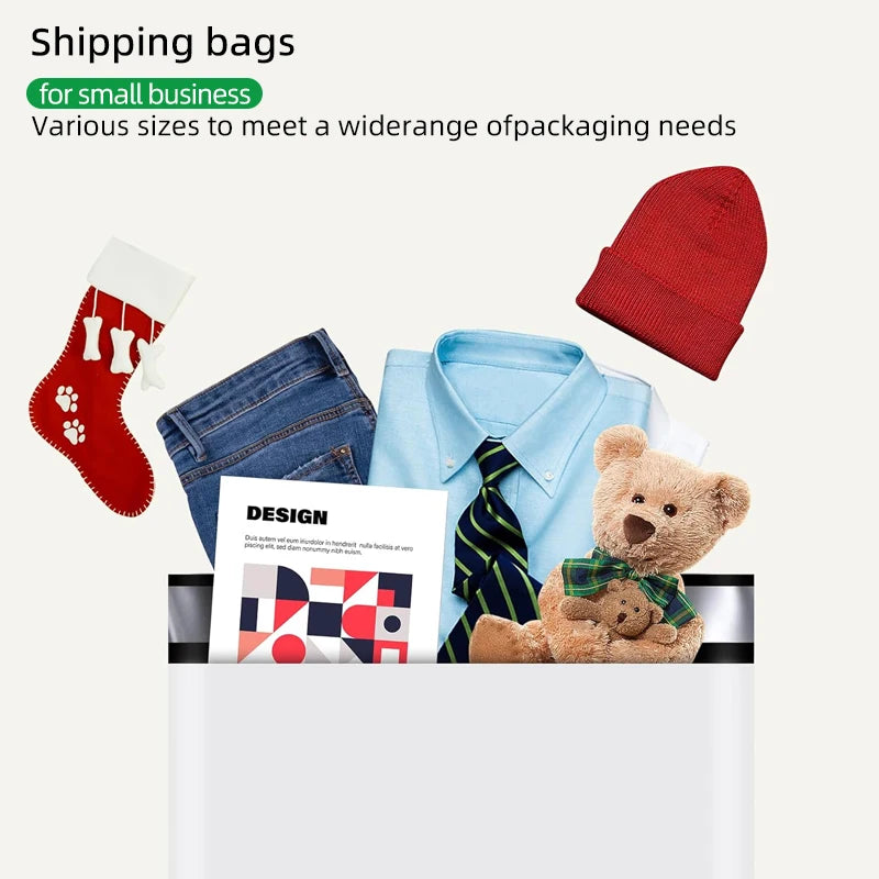 Pre-opened shipping bags showing printed designs and assorted sizes
