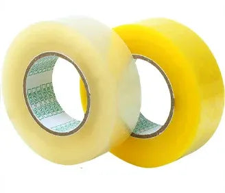 Close-up of two yellow packaging tape rolls with metal cores