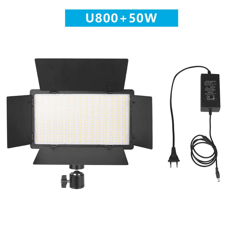 U800 LED video panel with adjustable metal barn doors, tripod ball head mount, and power adapter for studio lighting.