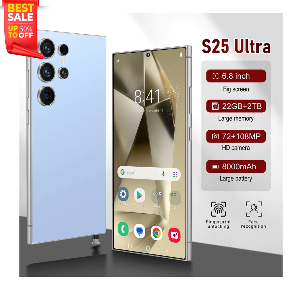 22G+2TB Discounted Price New Arrival Original S25 Ultra 5G Smartphone 22GB+2TB Android Dual SIM LTE HD Screen Deca Core Global V