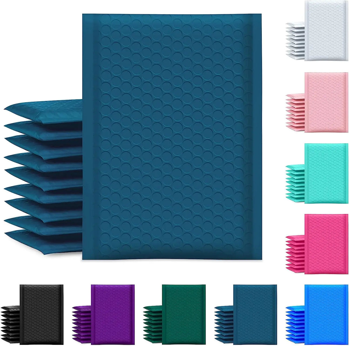 Teal blue bubble poly mailer bag with raised dot texture, stacked shipping envelopes