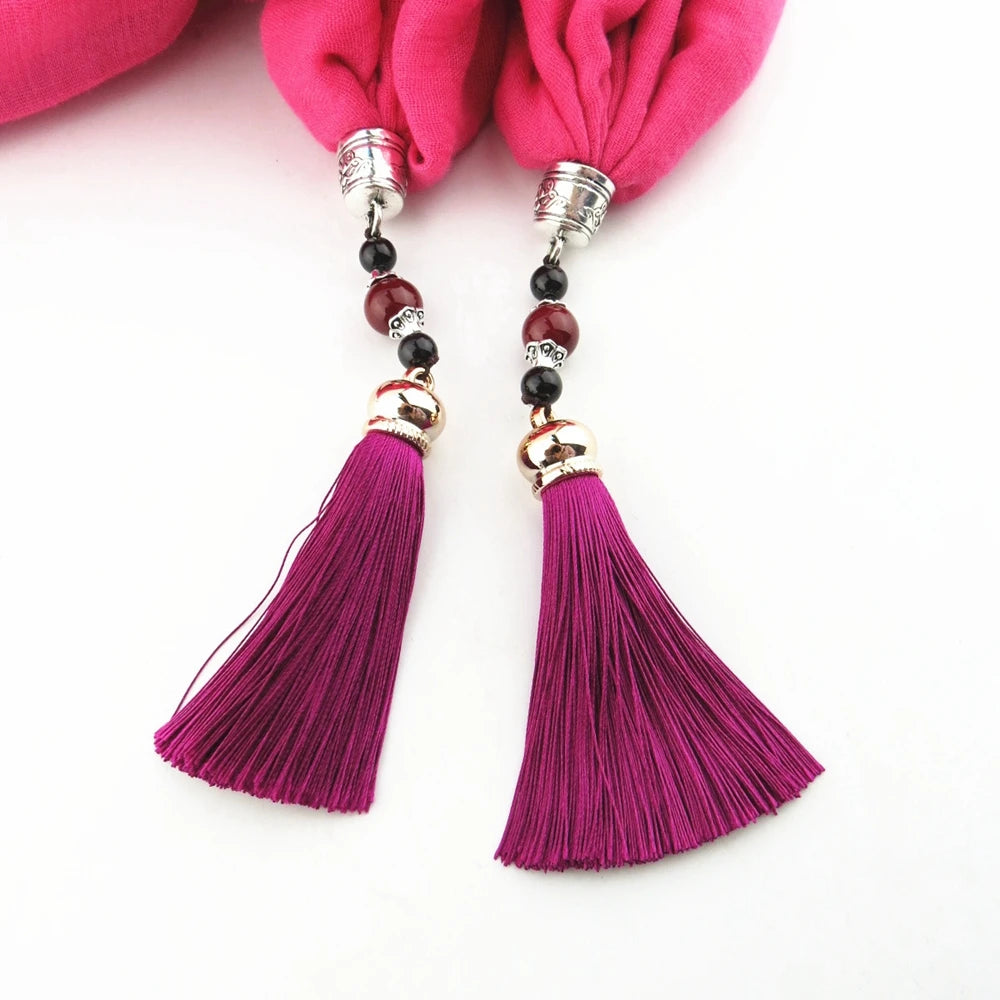 Four Seasons Luxury Solid Jewelry Statement Wild Necklace Scarves Head Scarf Silk Tassel Snood Scarves Women Head Hijab