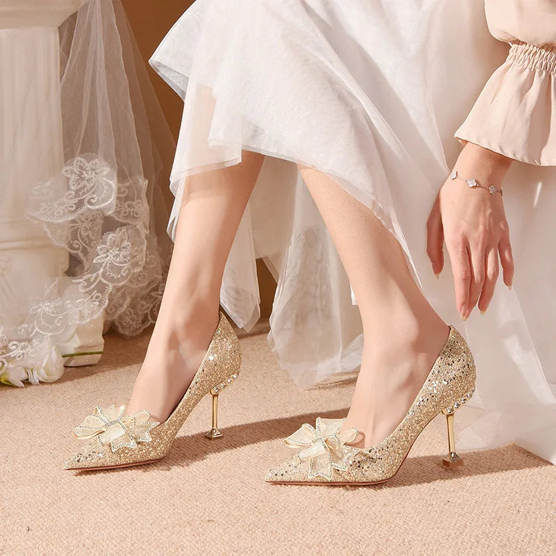Luxury Shiny Champagne Gold High-heeled Women's Shoes Pointed Toe Designer Heels Ladies Sexy Bridal Wedding Gowns Shoe