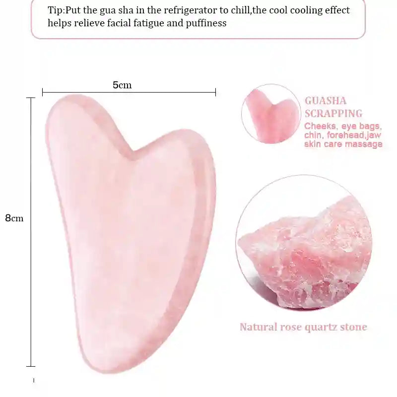 Heart-shaped rose quartz gua sha tool, 8cm by 5cm, for facial massage to reduce puffiness.