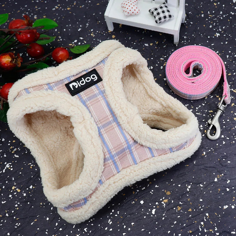 Soft plaid winter dog harness and leash set with warm fleece lining for small dogs and puppies, adjustable no-pull vest.
