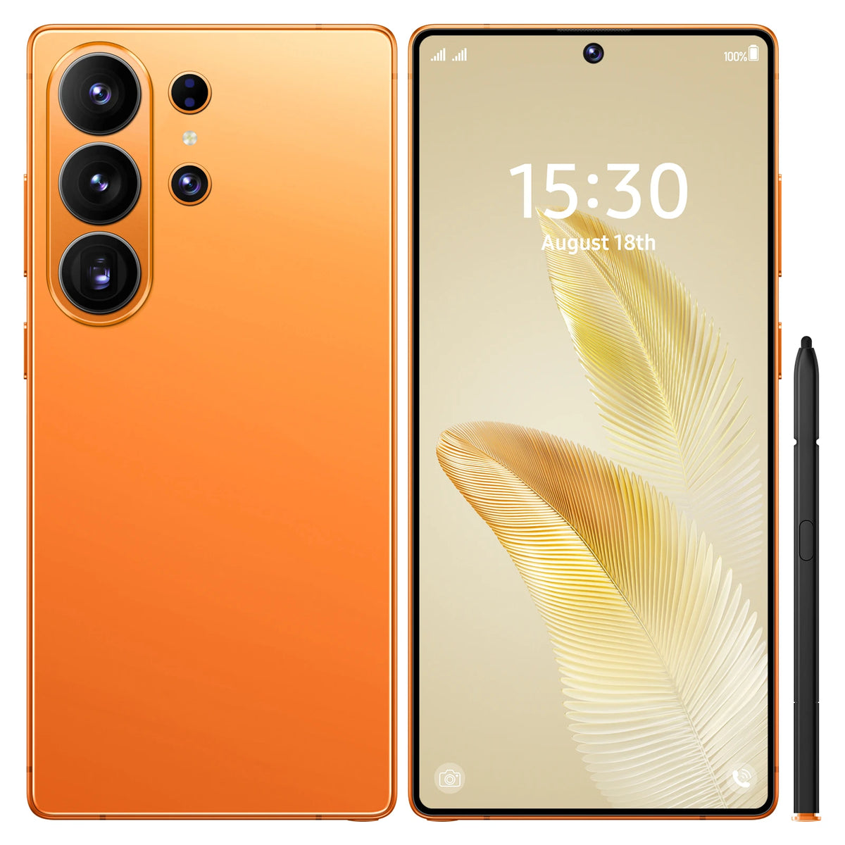 Orange smartphone with quad rear cameras and stylus, front display with time