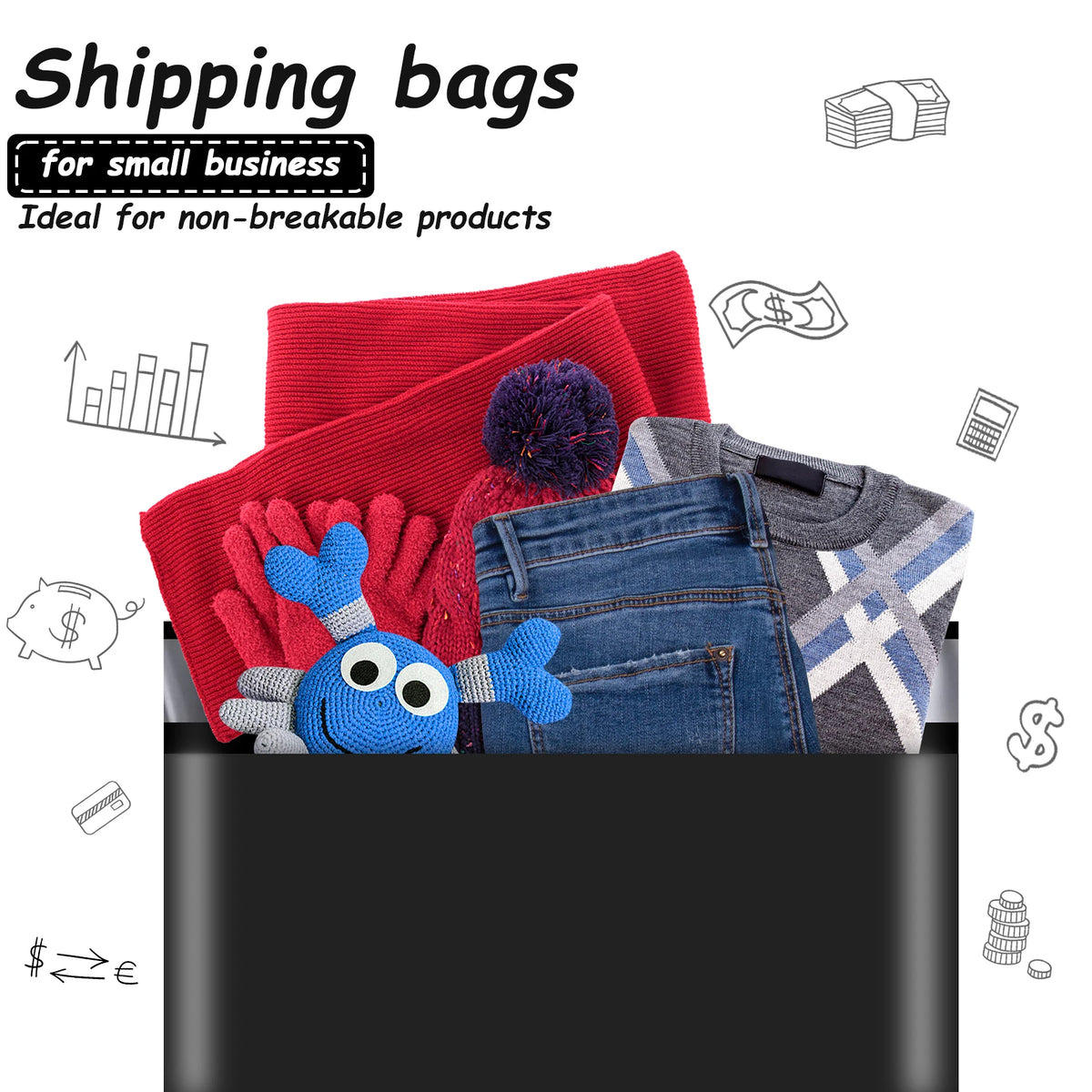 Black shipping bag containing folded clothing and small plush toy