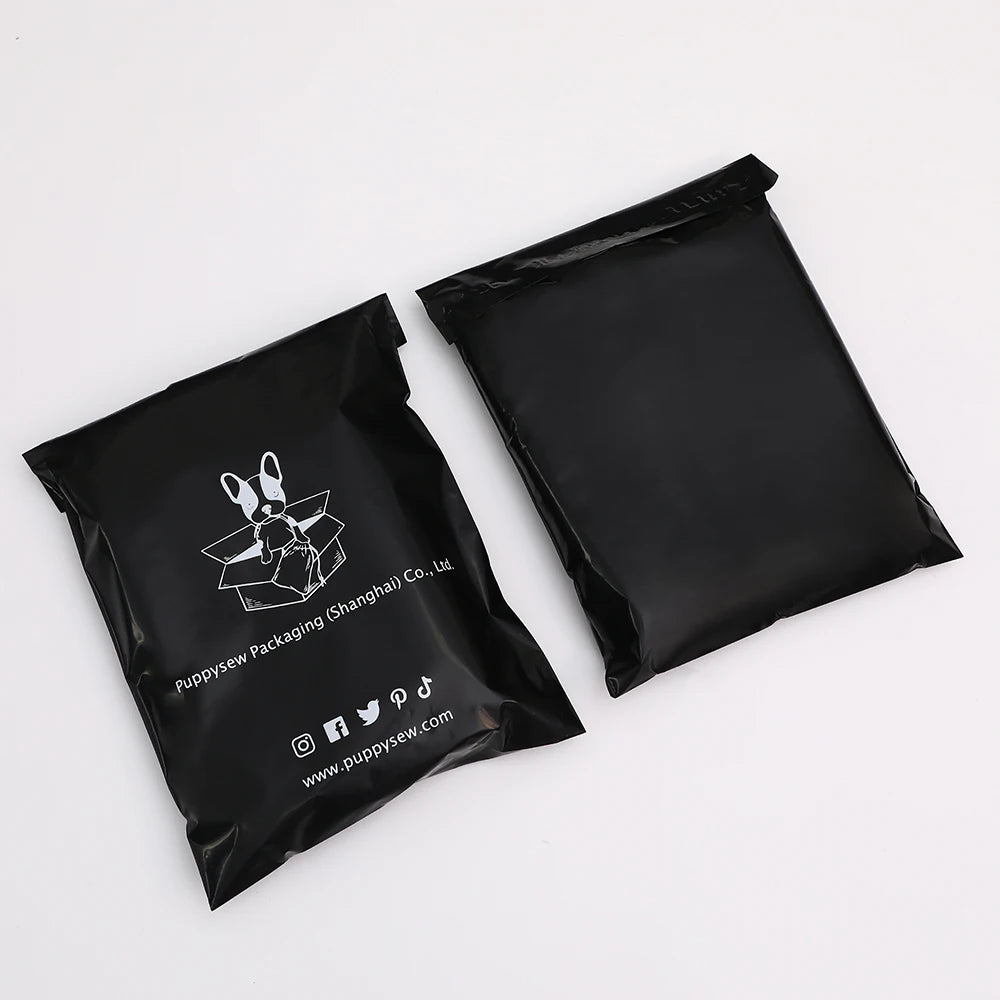 Black poly mailer shipping bags with printed logo and social icons