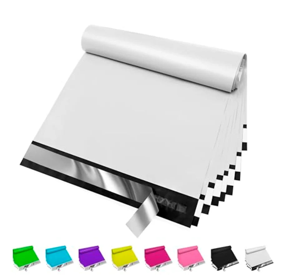 White waterproof self-sealing poly mailer pouch set with adhesive strip closure