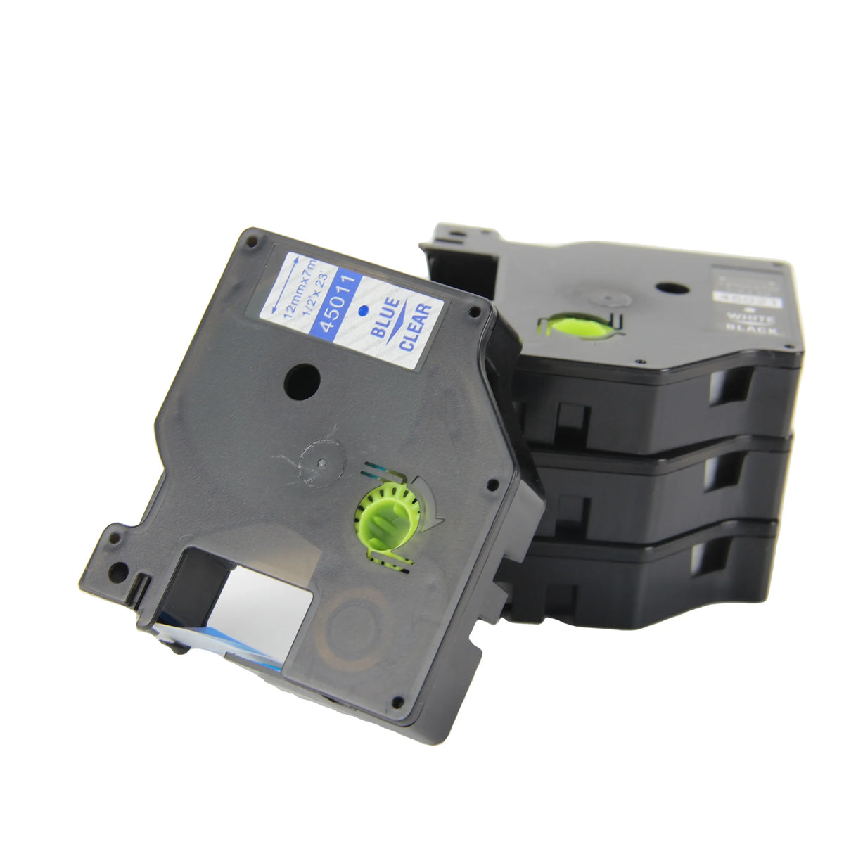 Angled view of black D1 thermal label tape cassette with blue label card and green gear