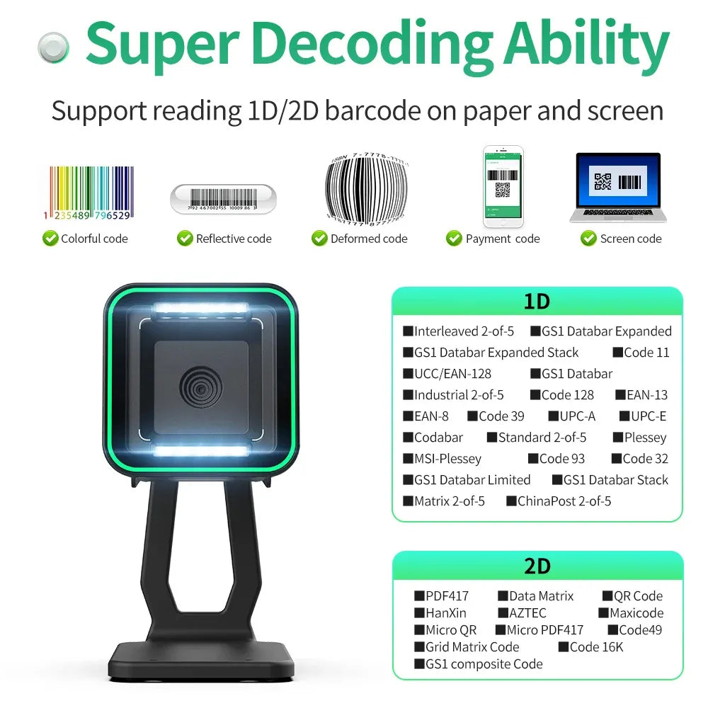Desktop Omnidirectional Barcode Scanner 1D 2D QR Code Reader Flatbed Automatic Supermarket Barcode Scanner