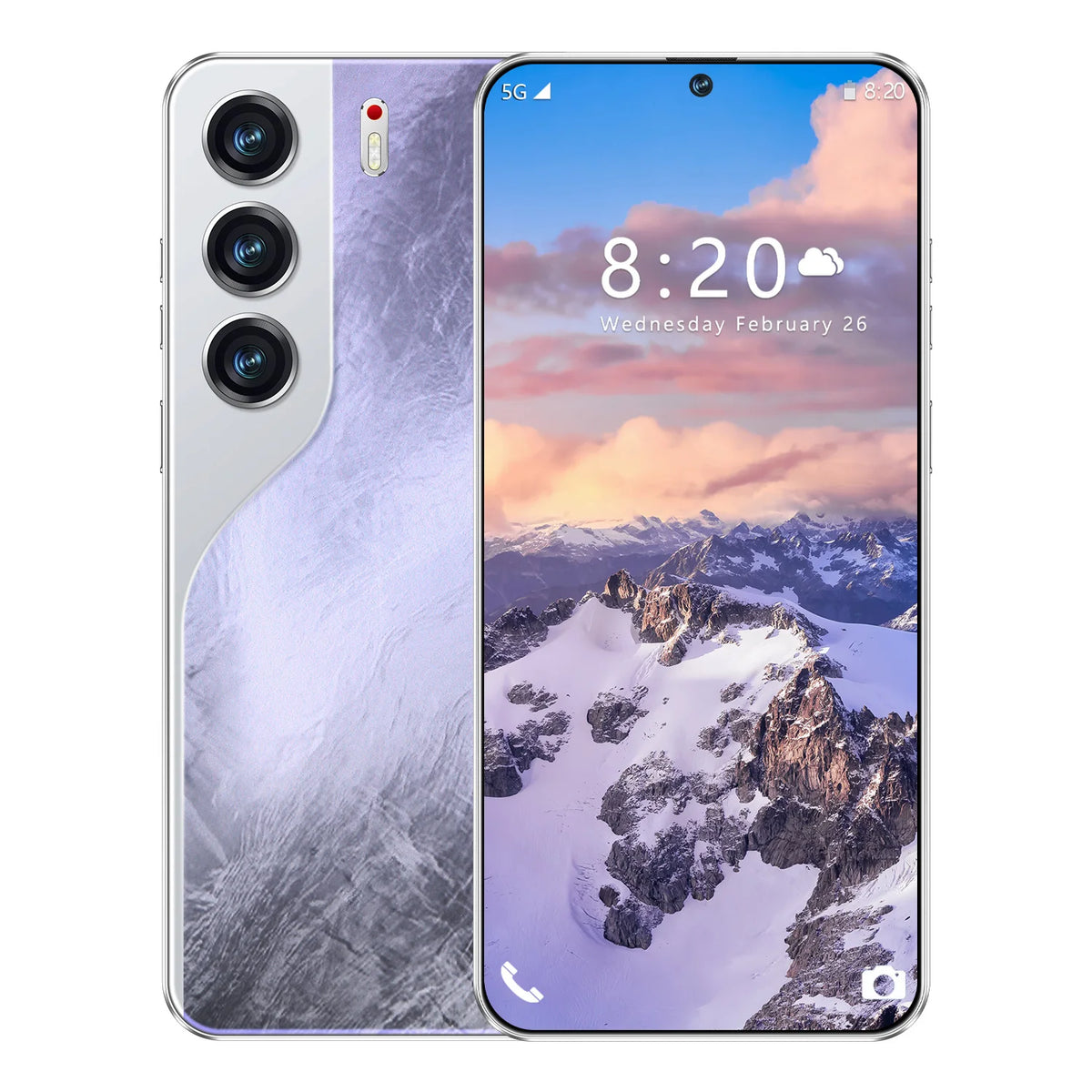 Dual-view smartphone with purple back panel and front display showing a mountain wallpaper