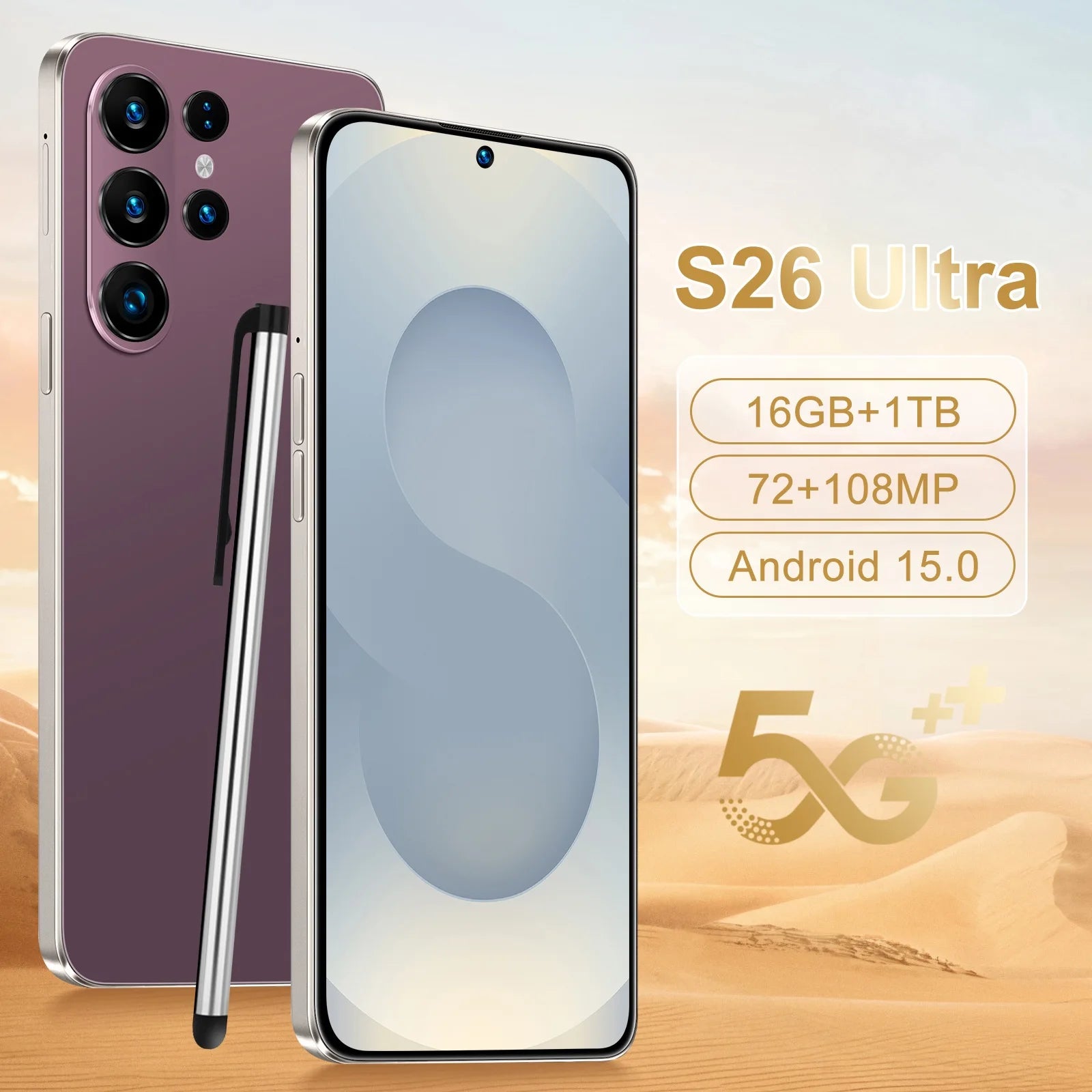 Tidesmit 5G Smartphone 1TB 16GB RAM 108MP Camera - Gray Purple 16g 1TB Tidesmit