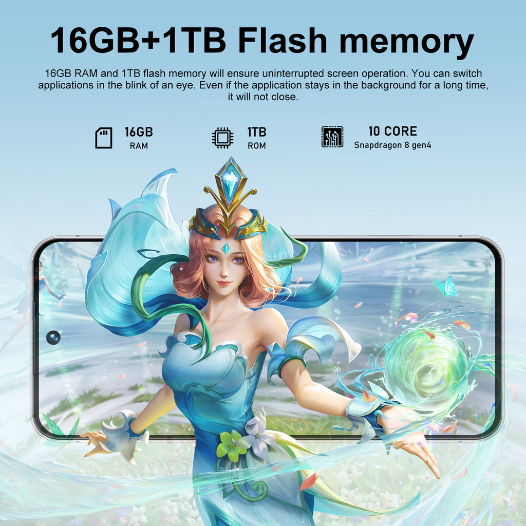 2025 I17 Pro Max 5G smartphone with 7.3 inch display, 108MP camera, and 16GB+1TB storage, side profile view
