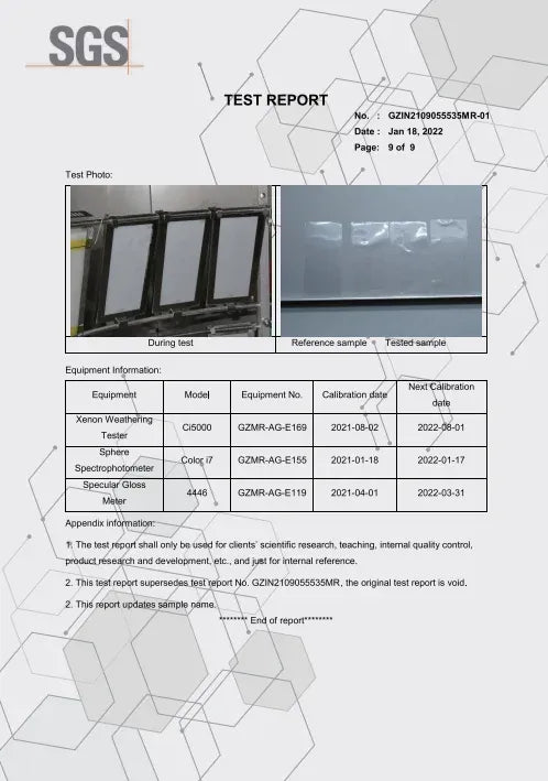 SGS test report page showing equipment list and test method details