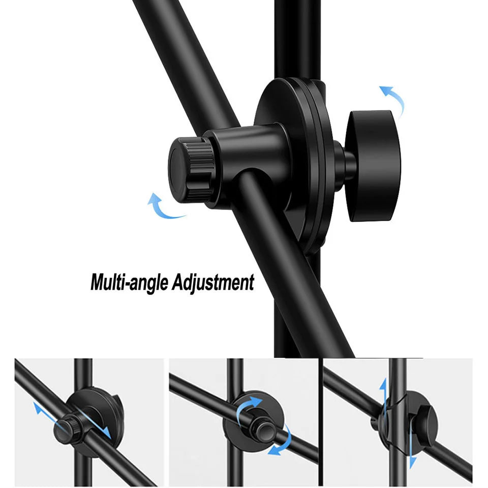 Black metal microphone stand joint with adjustable knobs for flexible positioning and multi-angle adjustments.
