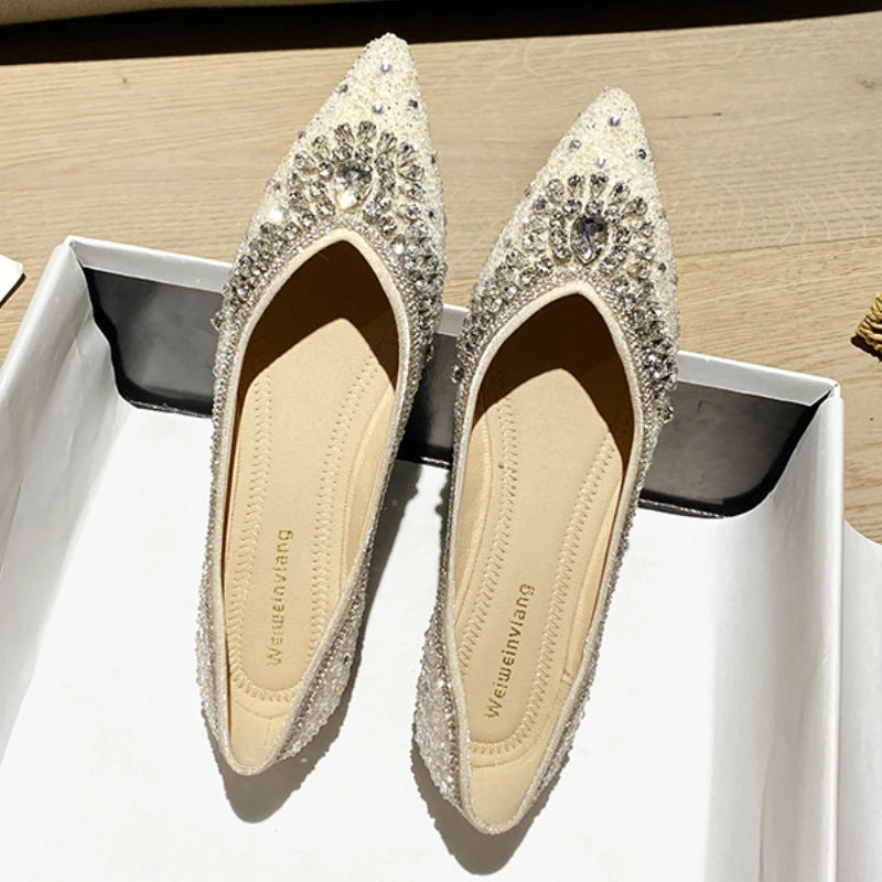 Luxury Diamond  Fashion  Loafers Women Pointed Toe Pumps Elegant Flat Dress Shoes for Ladies