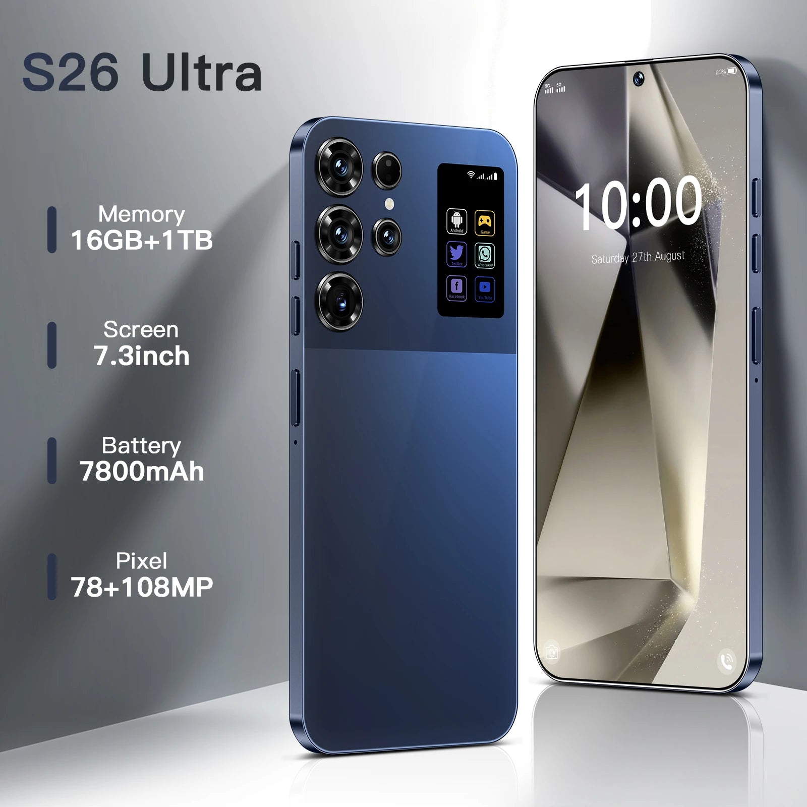 Original S26 Ultra 5G Smartphone with 7.3 inch display, 16GB RAM, 1TB storage, and 108MP camera in Android 14