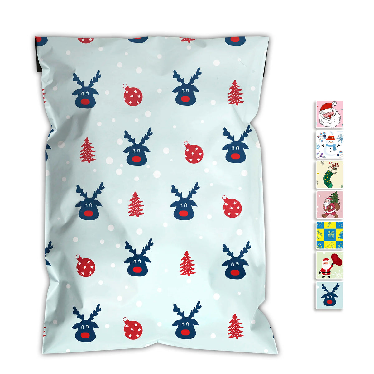 Printed poly mailer shipping bag, light blue with reindeer and red/white holiday icons.