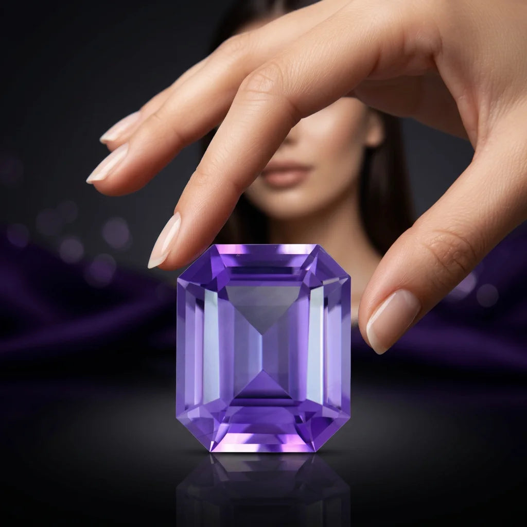 Emerald-cut purple amethyst gemstone with hands and fingers framing the gem