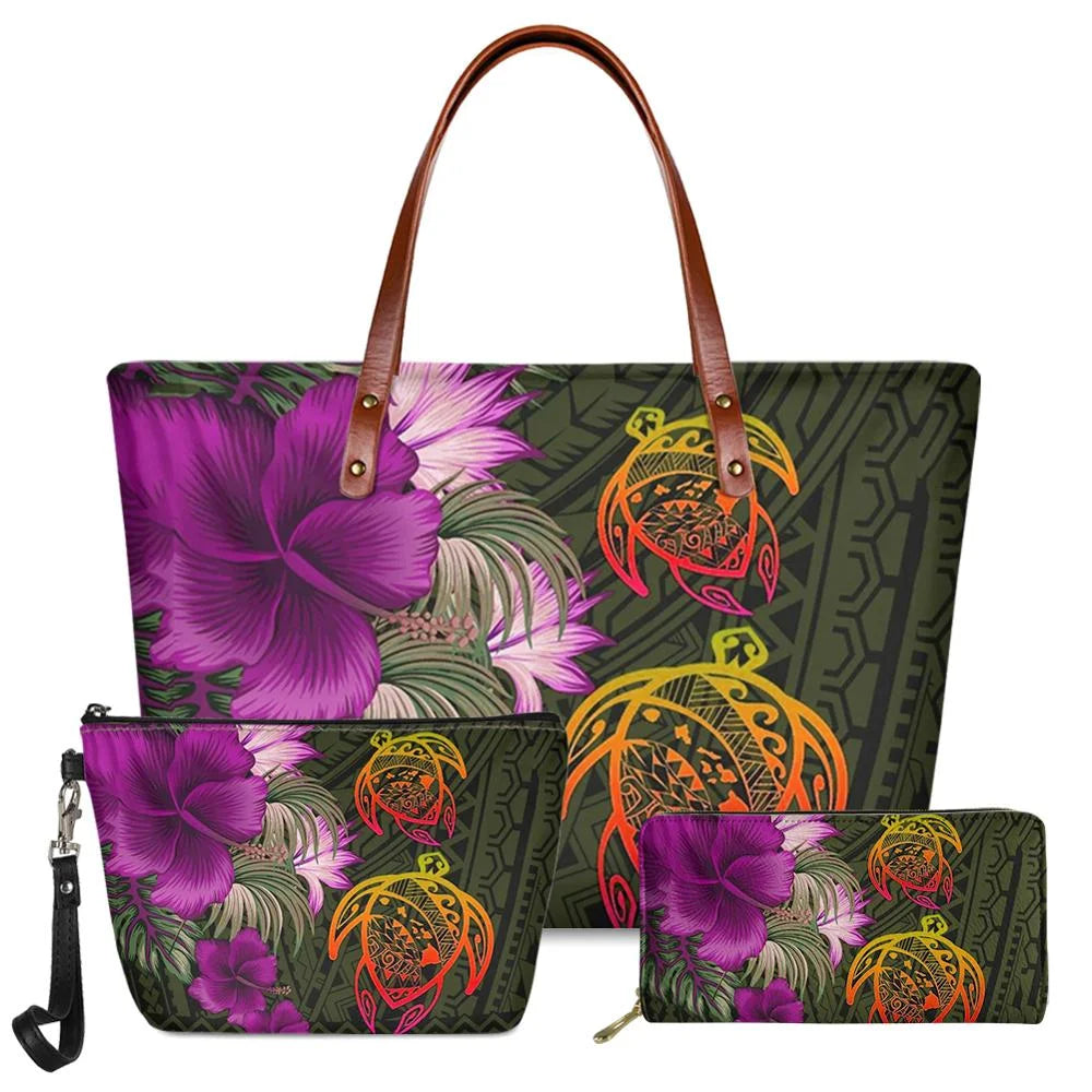 3-piece handbag set with olive green Polynesian turtle and floral print, purple hibiscus flowers, and brown handles.