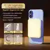 Magnetic LED phone light, a compact square white panel attached to a lavender smartphone for portable illumination.