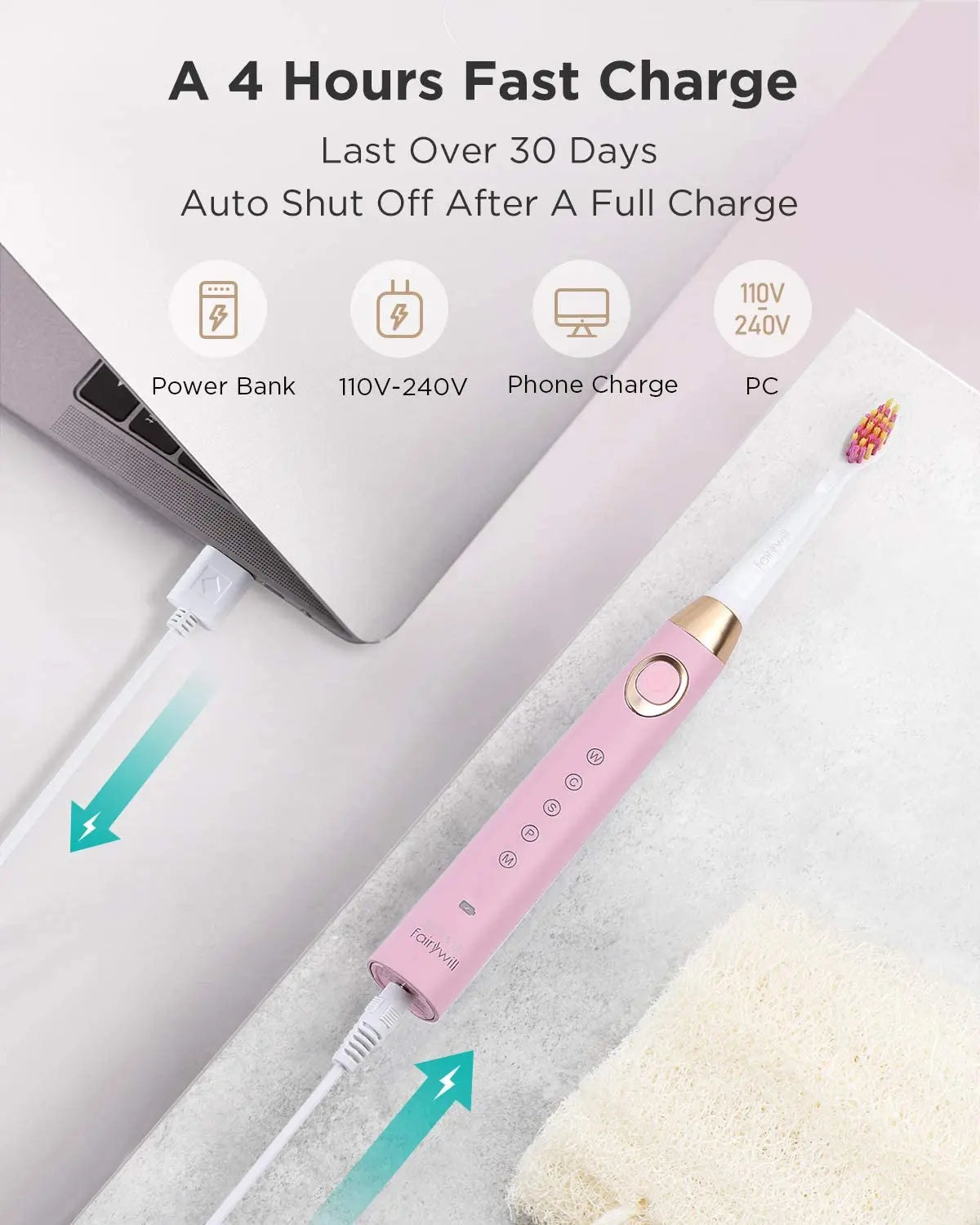 Fairywill Electric Toothbrushes for Adults Kids 5 Modes Smart Timer Rechargeable Whitening Sonic Toothbrush with 10 Brush Heads