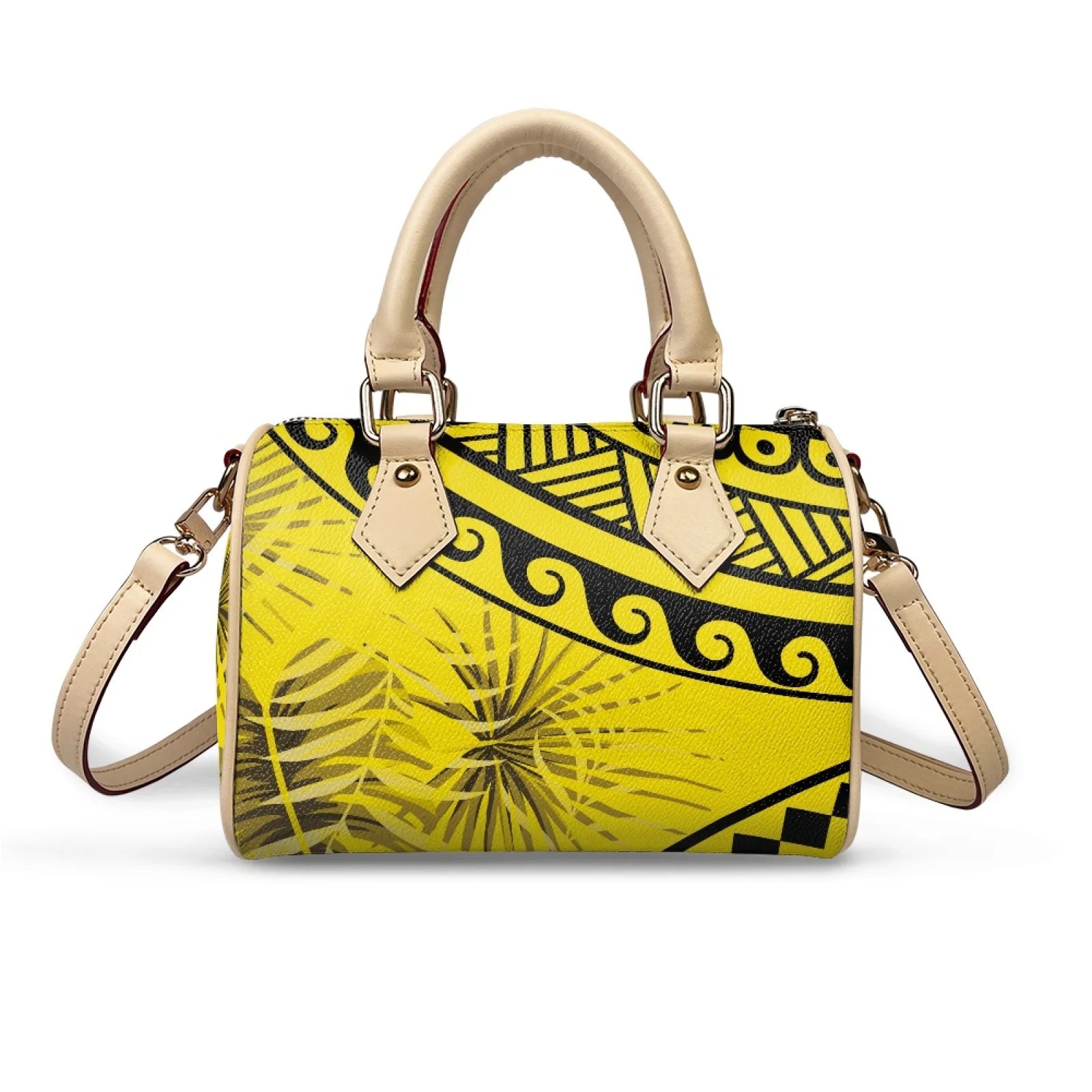 Yellow Samoan tribal print trunk handbag with palm leaf pattern, beige top handles, and detachable crossbody strap.