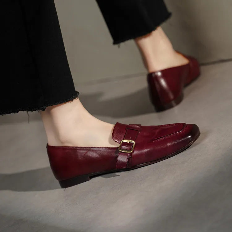 Genuine Leather Women's Loafers Square Toe Slip-On Low Heel Dress Shoes Anti-Slip All Seasons