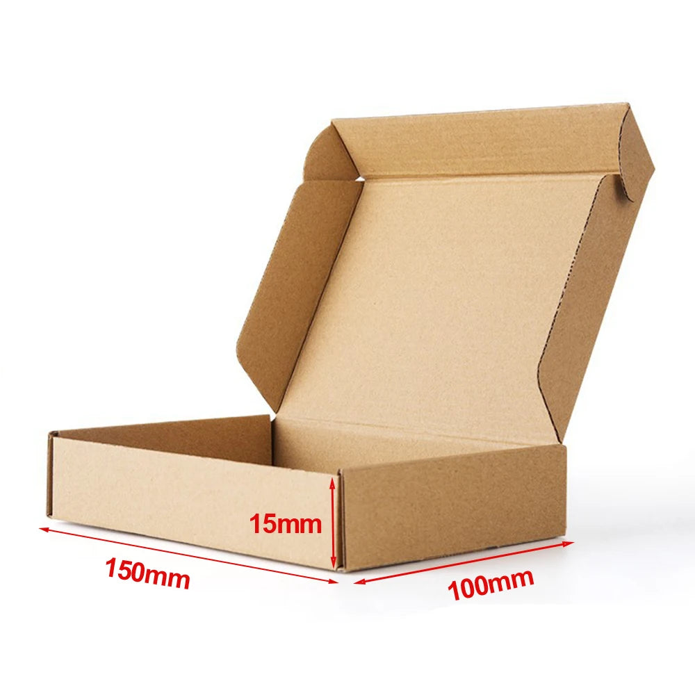 Kraft shipping mailer box open, size marked 150 x 100 x 15 mm