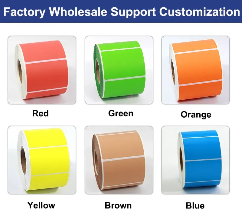 Color sample rolls of barcode labels: Red, Green, Orange, Yellow, Brown, Blue.