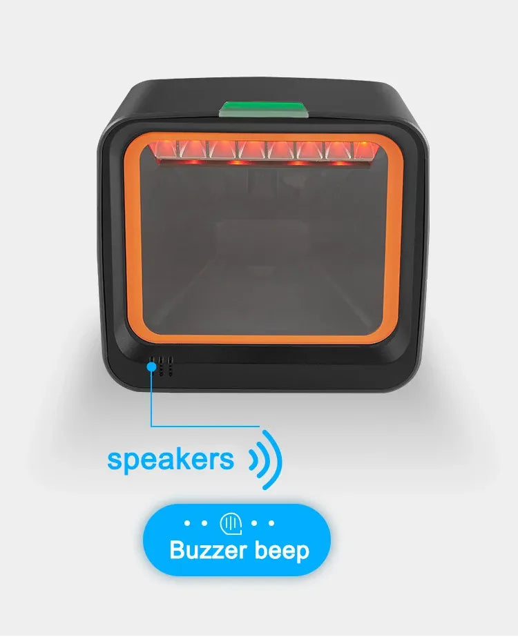Desktop barcode scanner top view with orange scan lights and sound alert cues