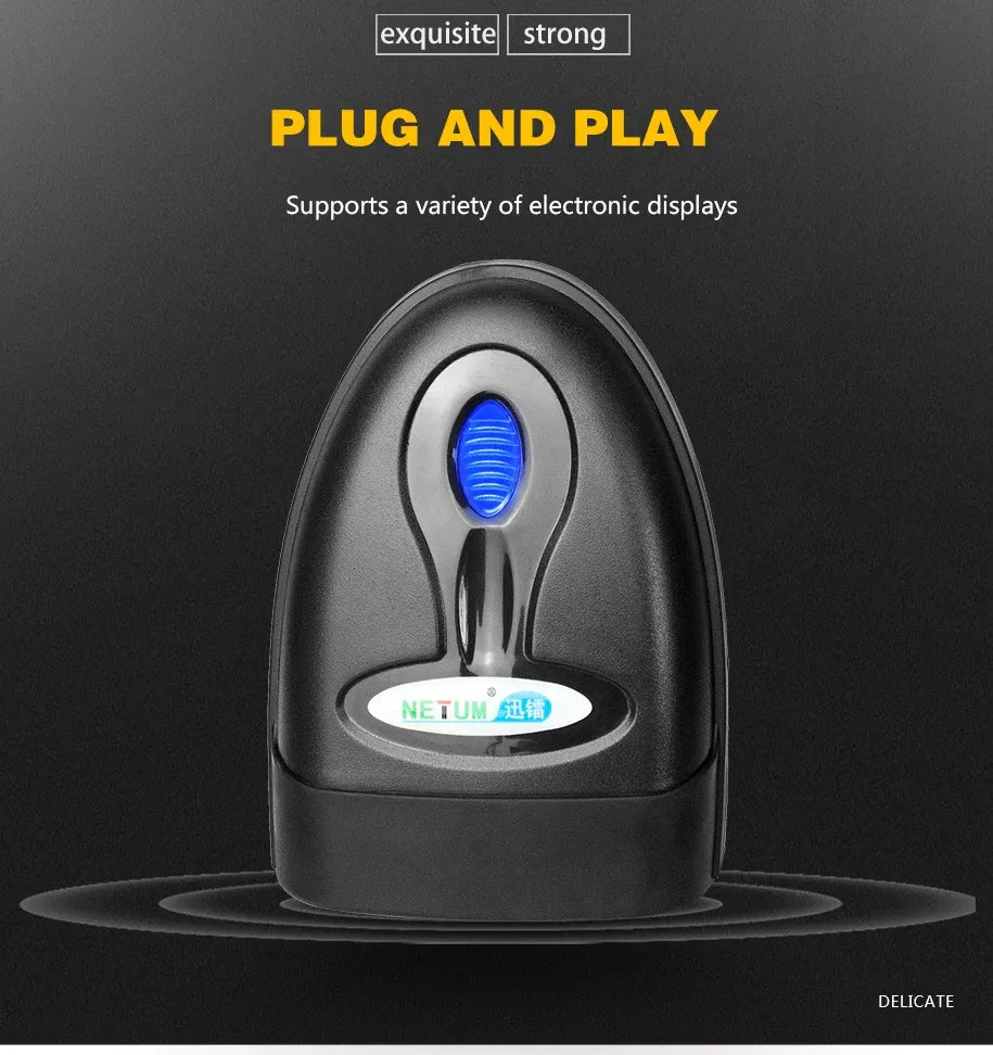Handheld 2D barcode scanner with base stand and red scanning lens