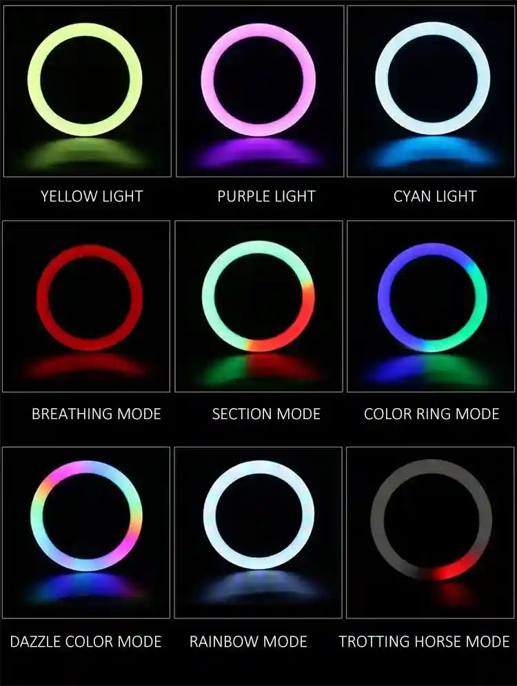 Circular LED ring light showing nine settings, including solid colors and various animated multicolor effects.