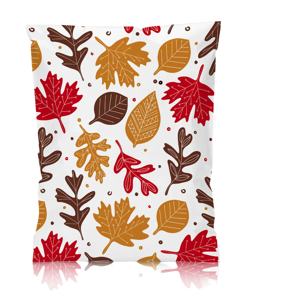 White poly mailer with colorful autumn leaf pattern, self-adhesive sealed bag