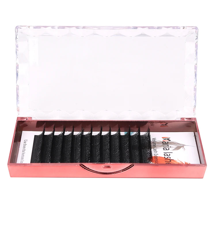 Black 5D W-style volume lash extension strips in a rose gold case with a clear faceted lid.
