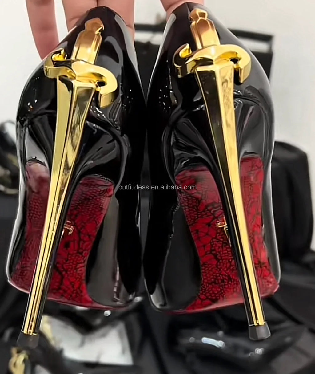 Luxury Leather Heels With Logo Top Quality Design Gold Sharp Dagger Pumps in Black Cesare Paciot High Heels Sharp Dagger Pumps