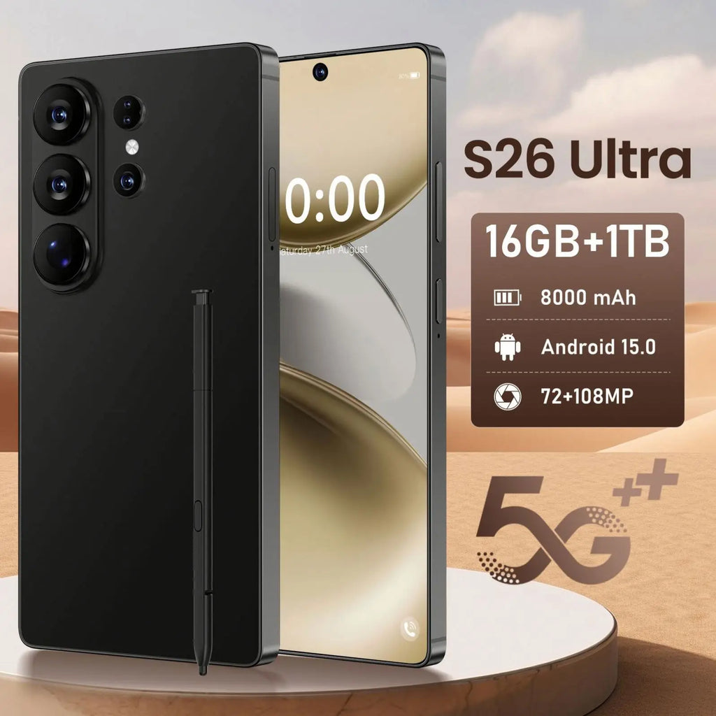 S26 Ultra 5G smartphone with 7.3 inch HD screen 16GB RAM 1TB storage and 108MP camera in blue color