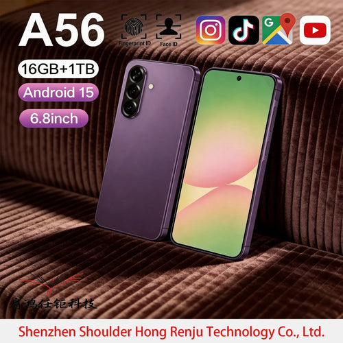 5G smartphone with purple back and front display, triple rear cameras
