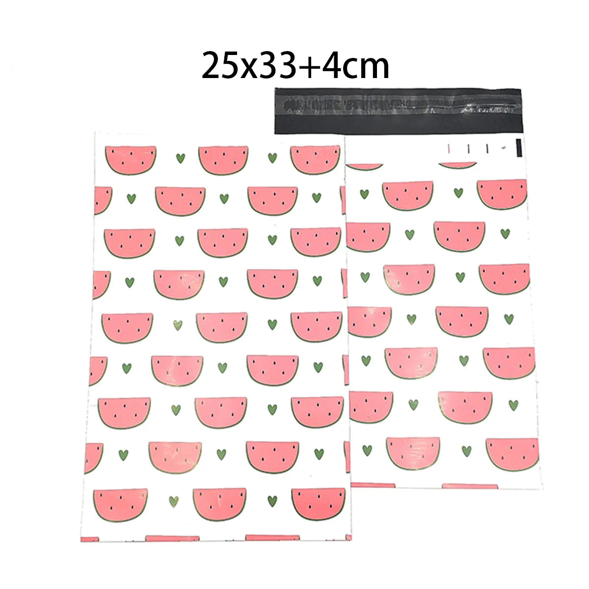 Pink plastic poly mailer with watermelon pattern and top seal strip, handle cutout not shown