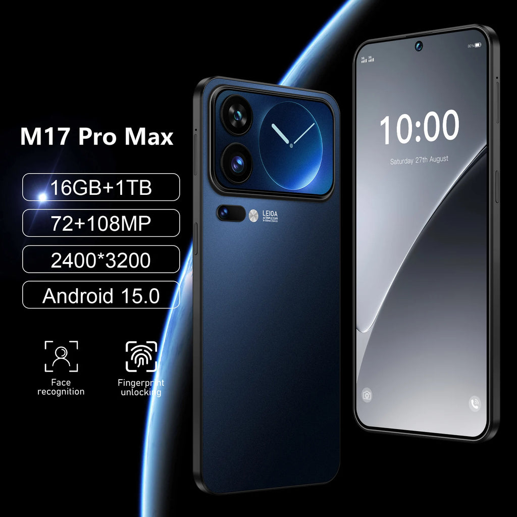 M17 Pro Max 5G smartphone with full display 90Hz screen featuring face recognition and fingerprint unlock.